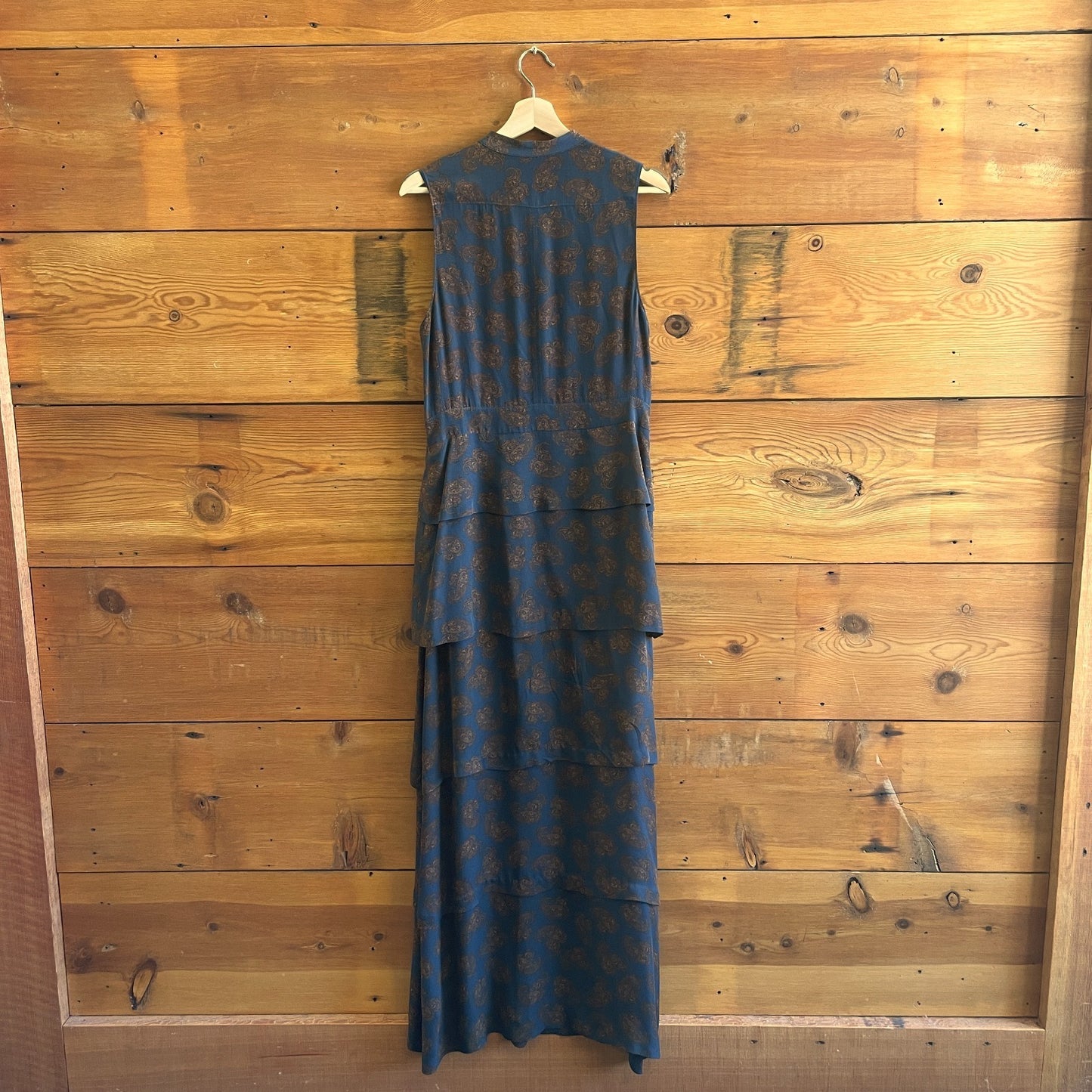 M / L - A.L.C. Blue Brown Paisley Silk Tiered Button Front Maxi Dress 1130TS
