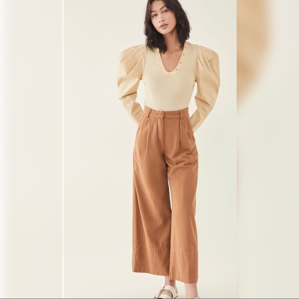 M - Ulla Johnson Tan Puff Sleeve Flynn Long Sleeve Ribbed Top 0927LL