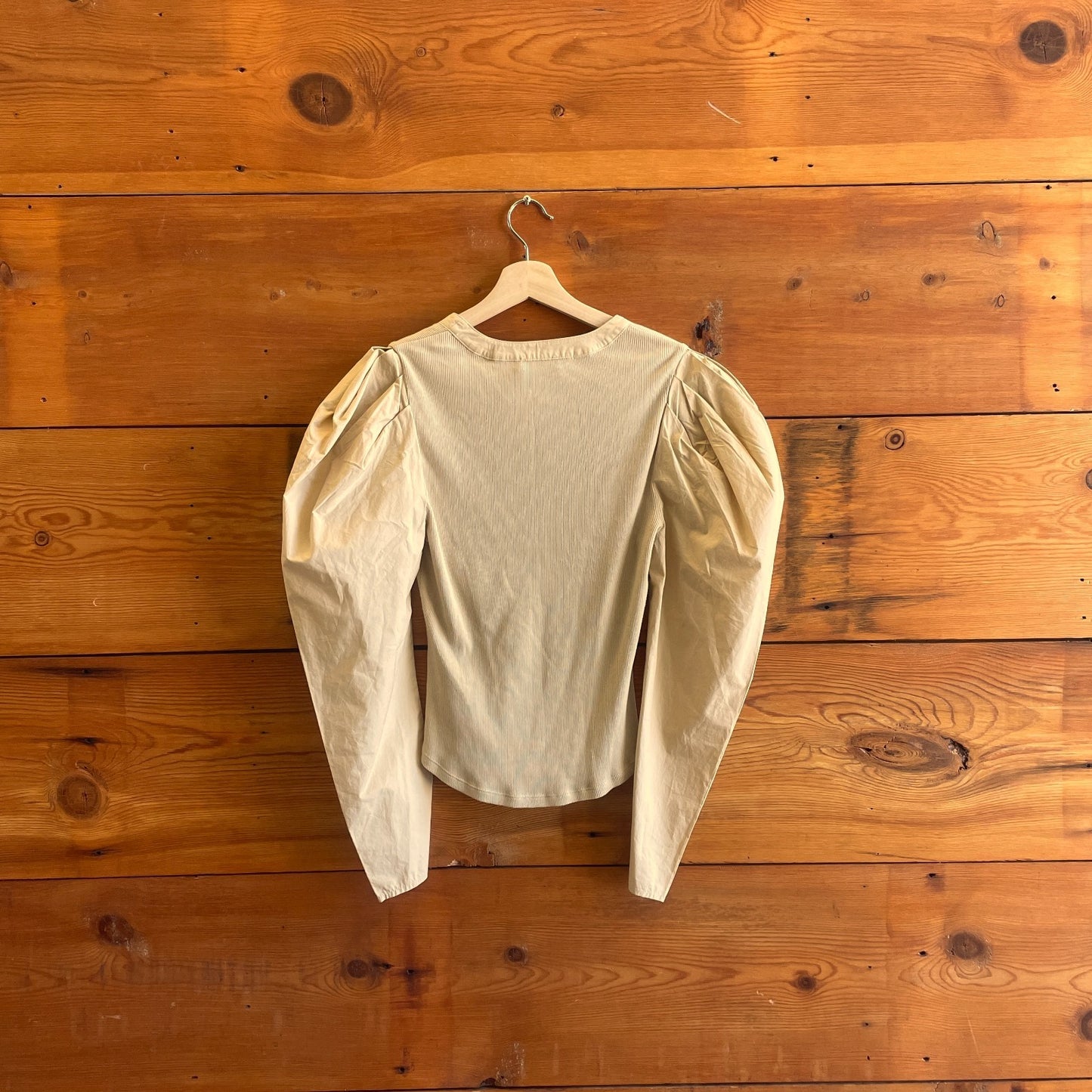 M - Ulla Johnson Tan Puff Sleeve Flynn Long Sleeve Ribbed Top 0927LL