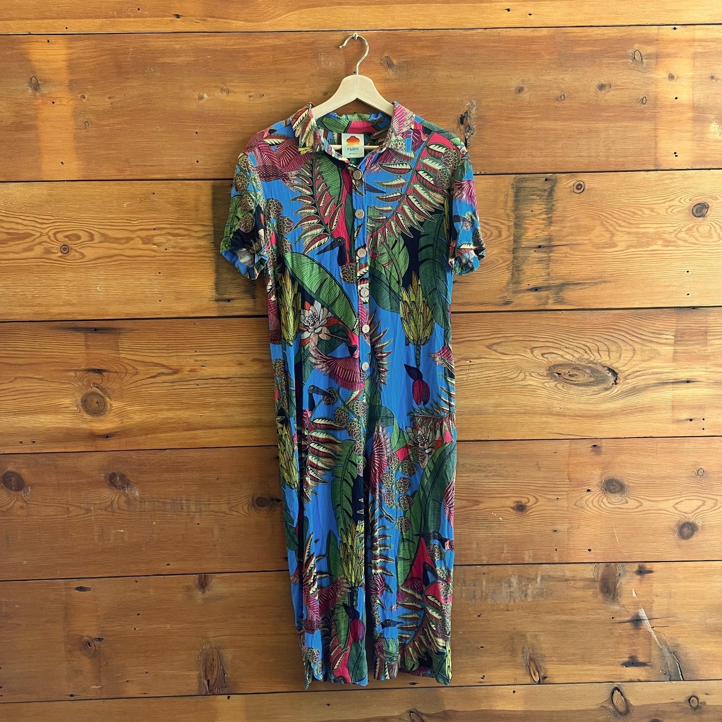 XS - Farm Rio $176 Short Sleeve Totally Tuiuiu Button Up Crop Jumpsuit 0102AV