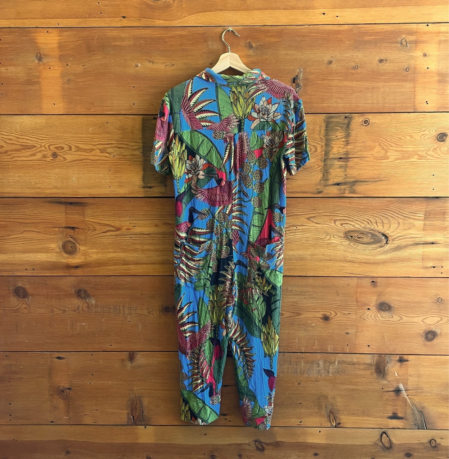 XS - Farm Rio $176 Short Sleeve Totally Tuiuiu Button Up Crop Jumpsuit 0102AV