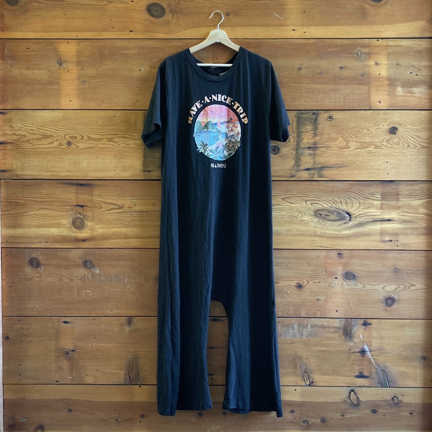 L - Farm Rio $145 Black Short Sleeve Have a Nice Trip Organic Jumpsuit 0708EK