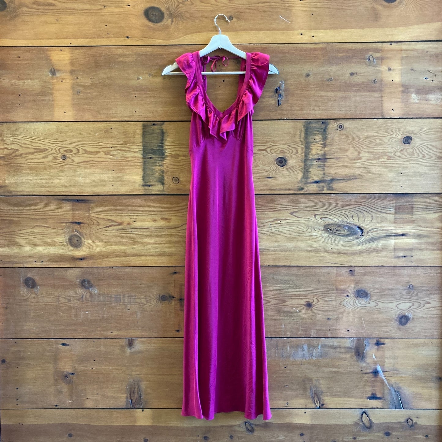 XS - Reformation Deep Red Ruffle Open V Back Maxi Ruffle Dress 0717SM