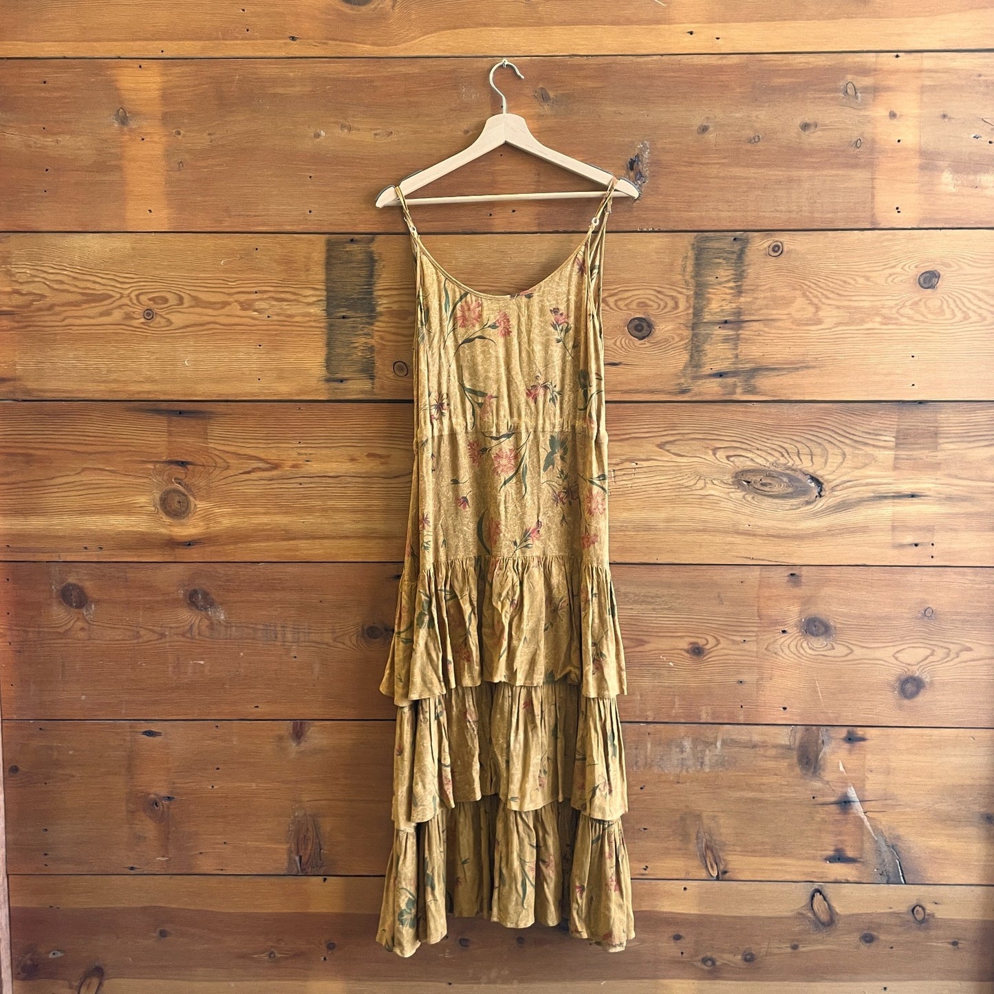 S - Christy Dawn Golden Brown Floral London Tiered Sleeveless Dress 0510AY