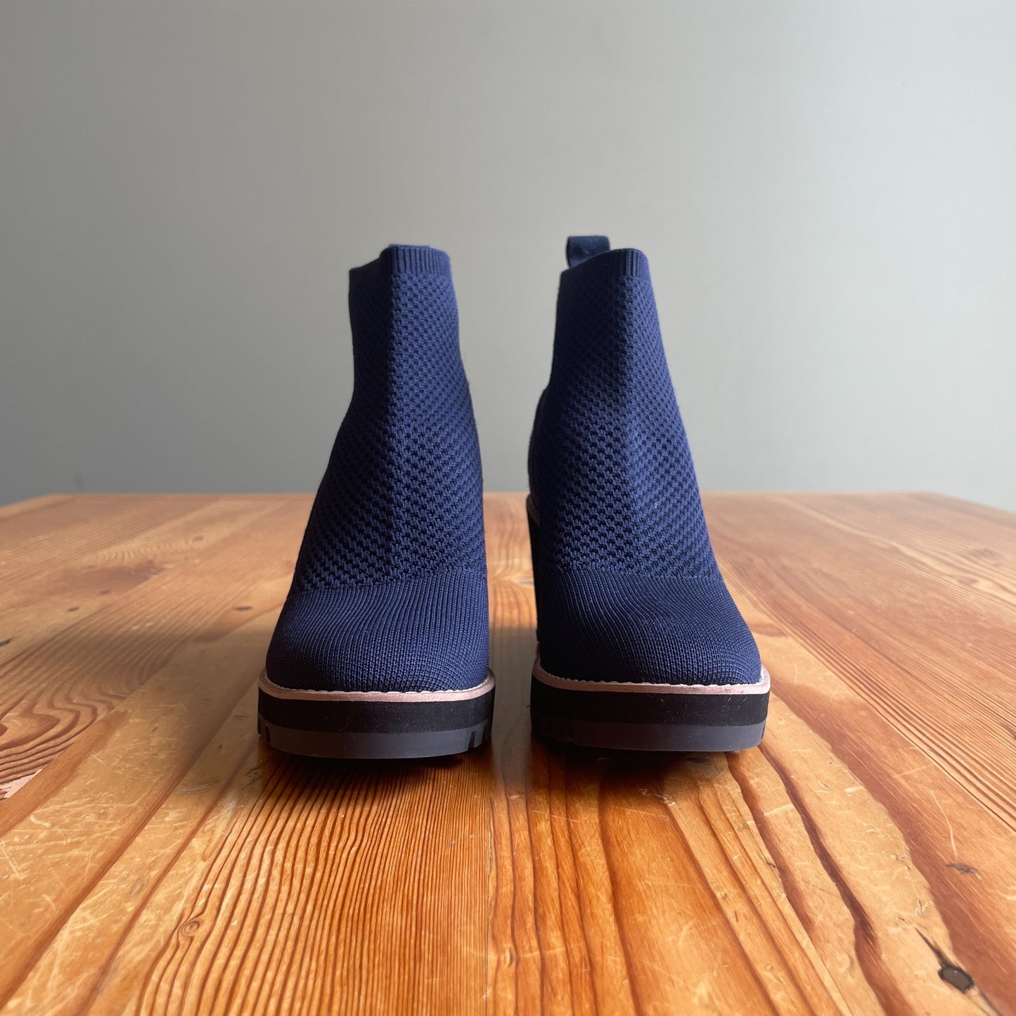 7 - Eileen Fisher Navy Stretch Mesh London Wedge Ankle Booties Boots 0617HS