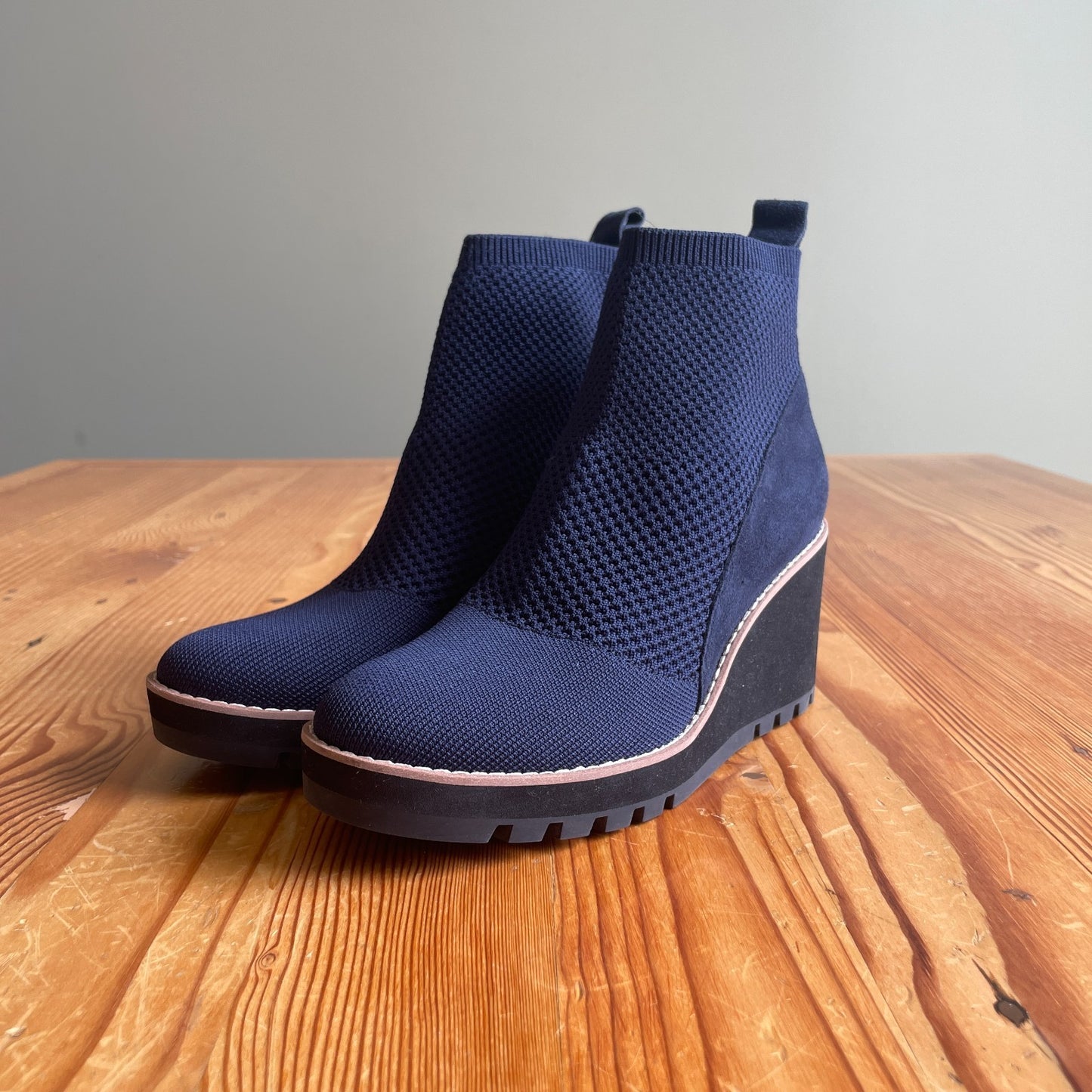 7 - Eileen Fisher Navy Stretch Mesh London Wedge Ankle Booties Boots 0617HS