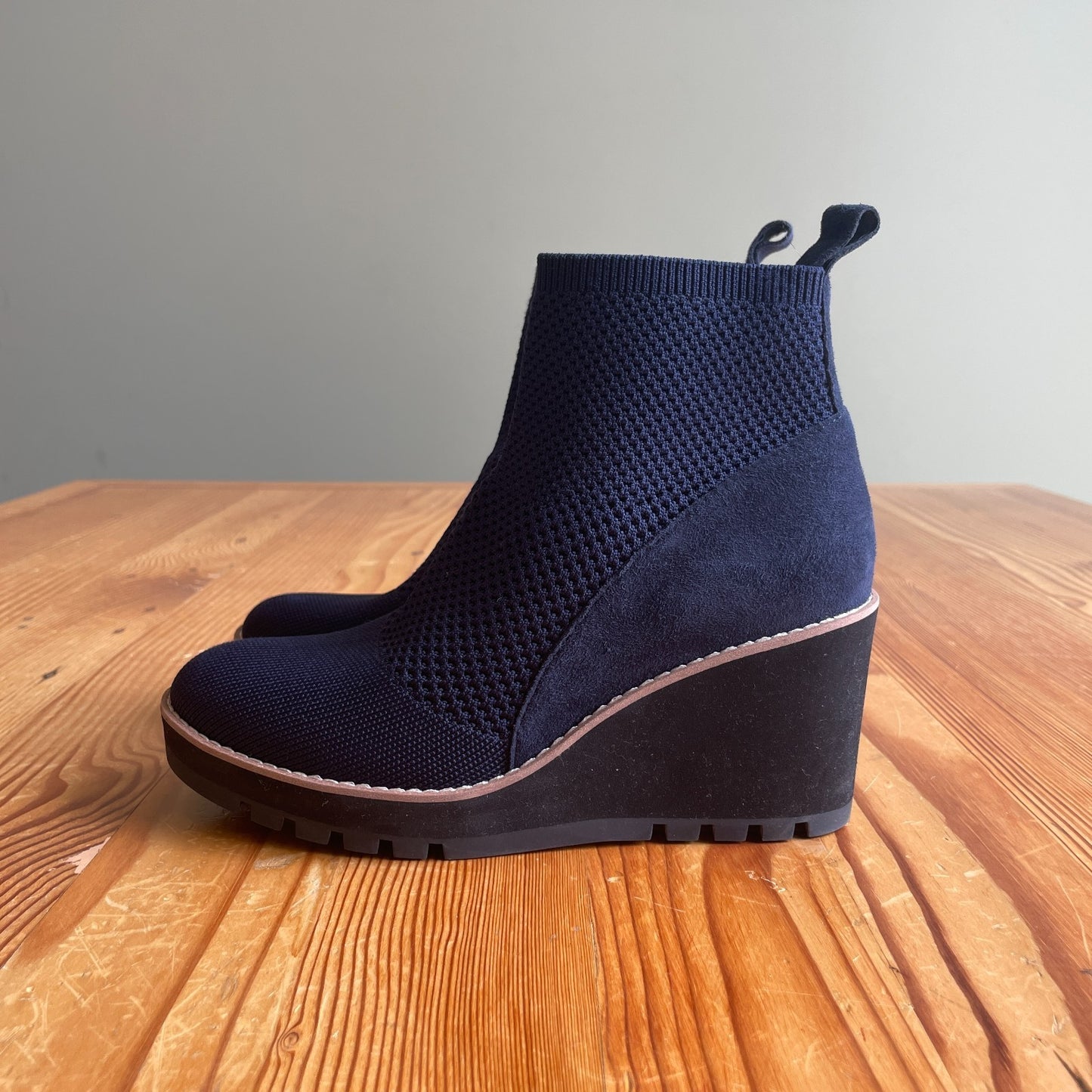 7 - Eileen Fisher Navy Stretch Mesh London Wedge Ankle Booties Boots 0617HS