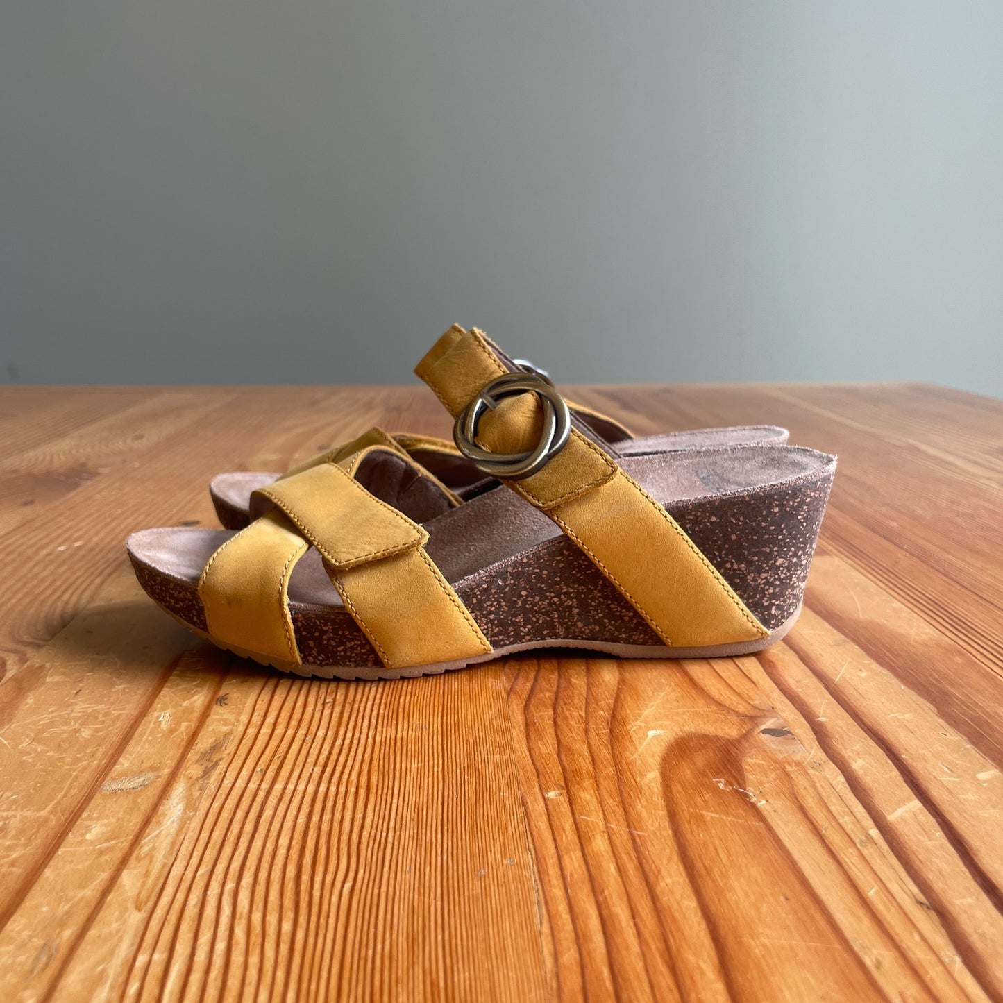 37 / 7 - Dansko Yellow Strappy Leather Cork Wedge Sandals w/ Buckle 0718ML