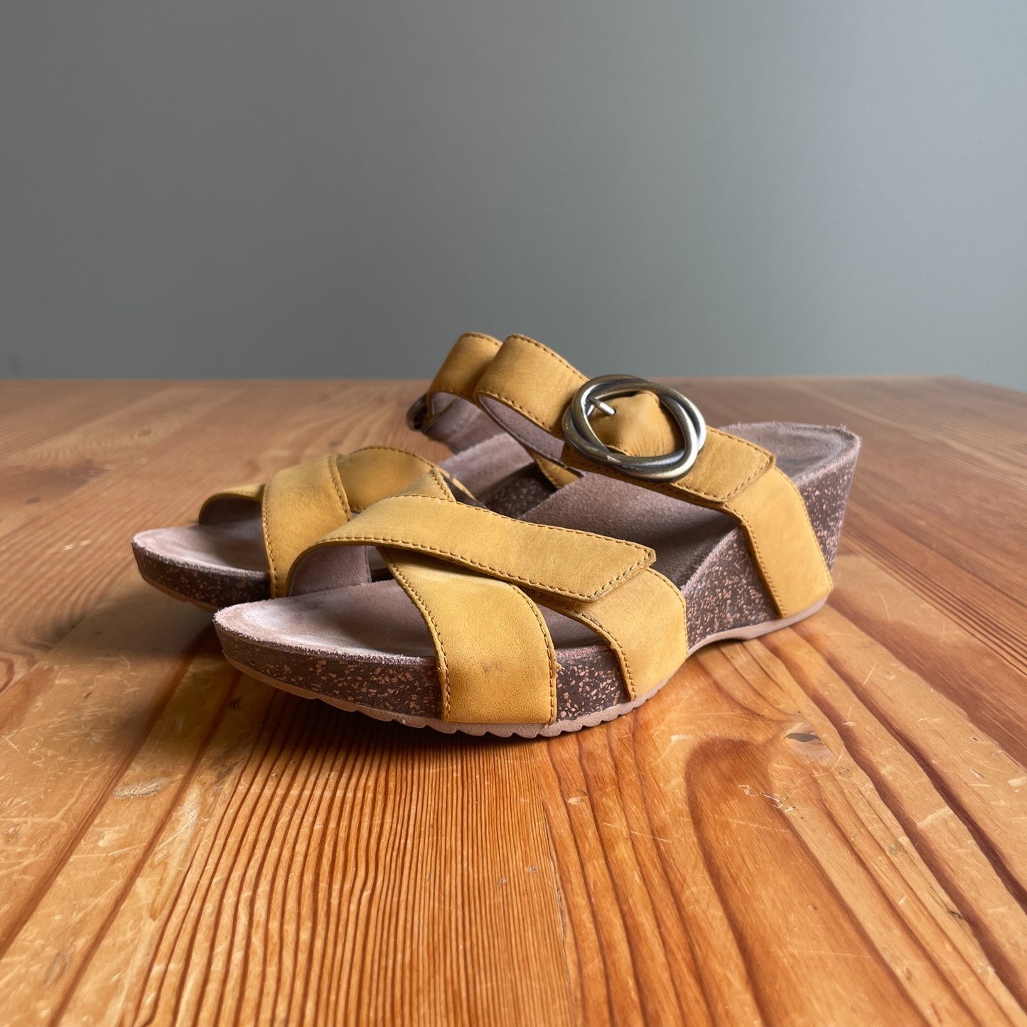 37 / 7 - Dansko Yellow Strappy Leather Cork Wedge Sandals w/ Buckle 0718ML