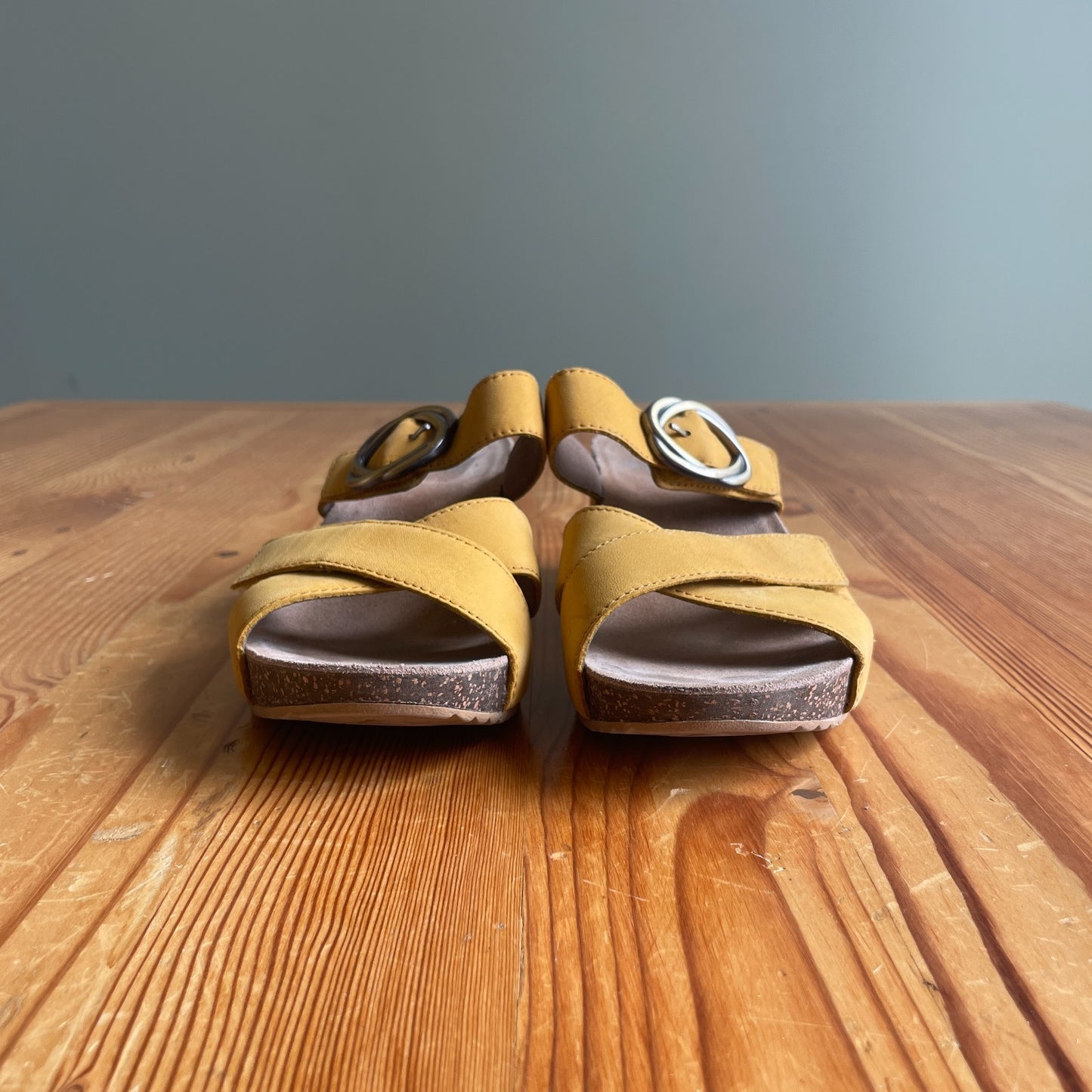 37 / 7 - Dansko Yellow Strappy Leather Cork Wedge Sandals w/ Buckle 0718ML