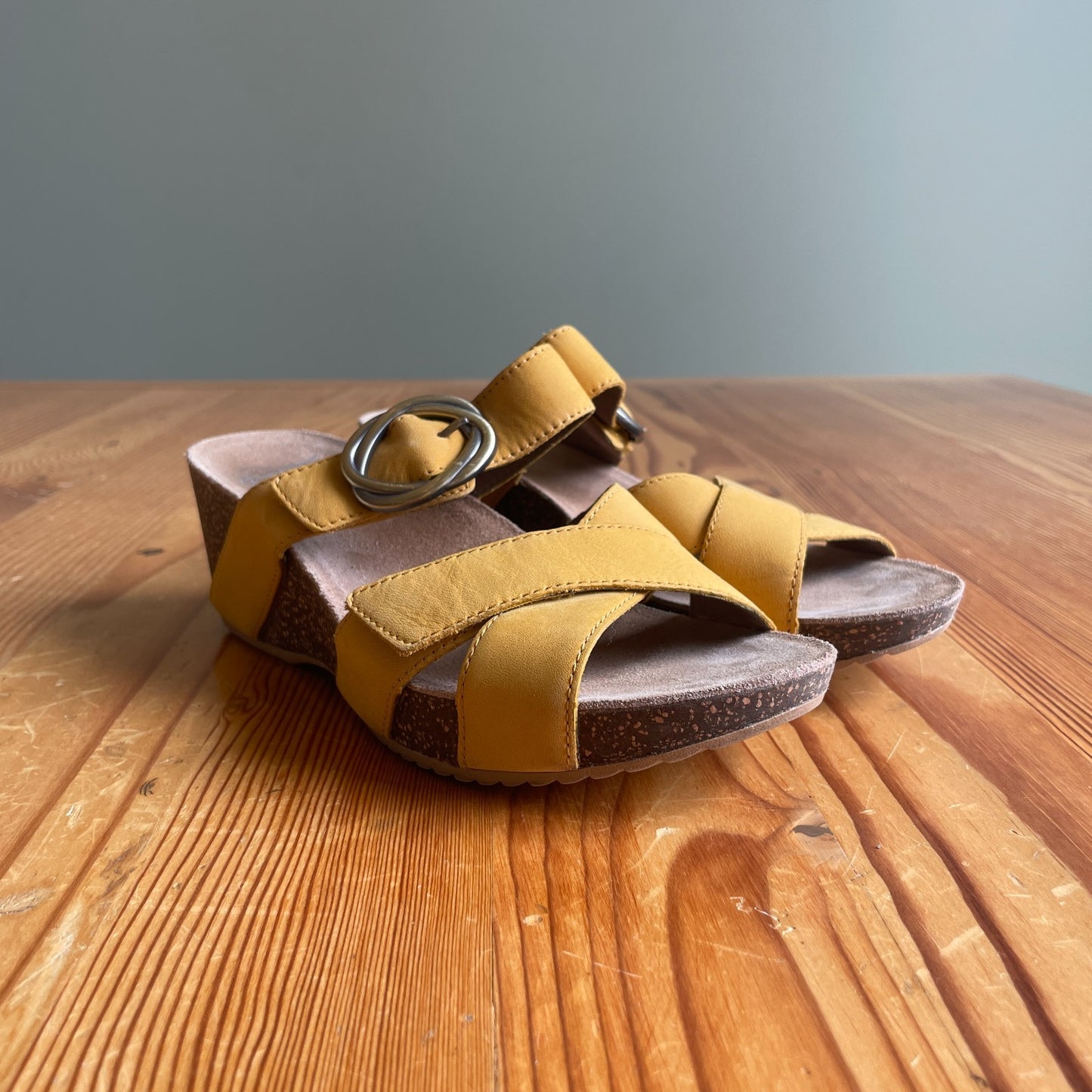 37 / 7 - Dansko Yellow Strappy Leather Cork Wedge Sandals w/ Buckle 0718ML