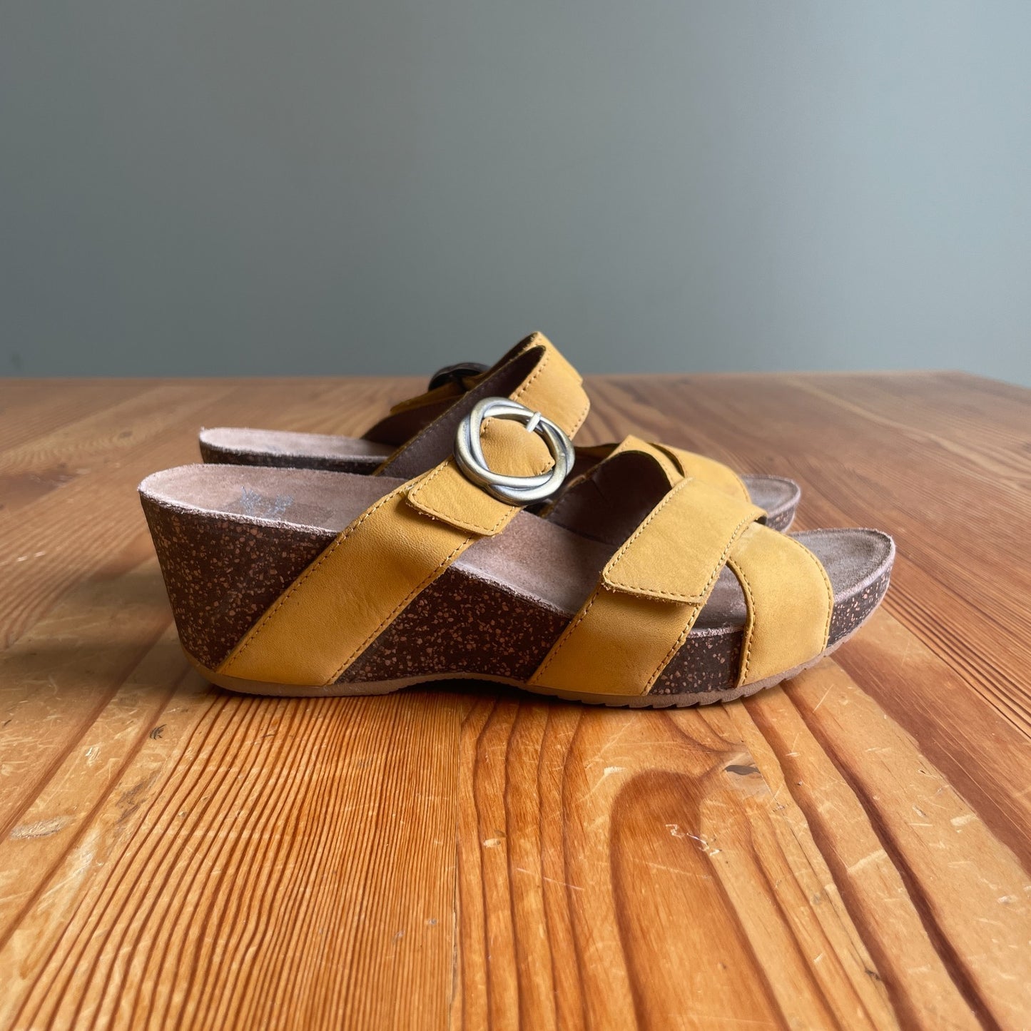 37 / 7 - Dansko Yellow Strappy Leather Cork Wedge Sandals w/ Buckle 0718ML