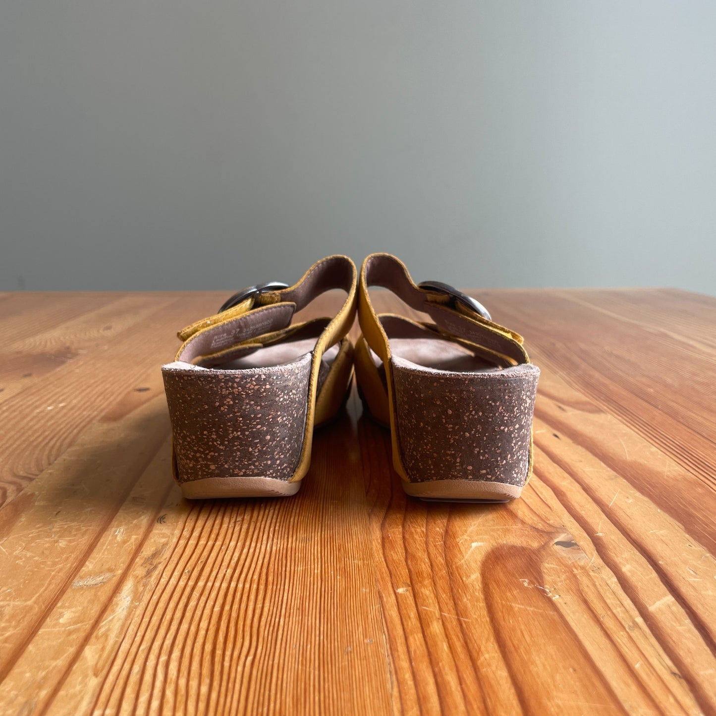 37 / 7 - Dansko Yellow Strappy Leather Cork Wedge Sandals w/ Buckle 0718ML