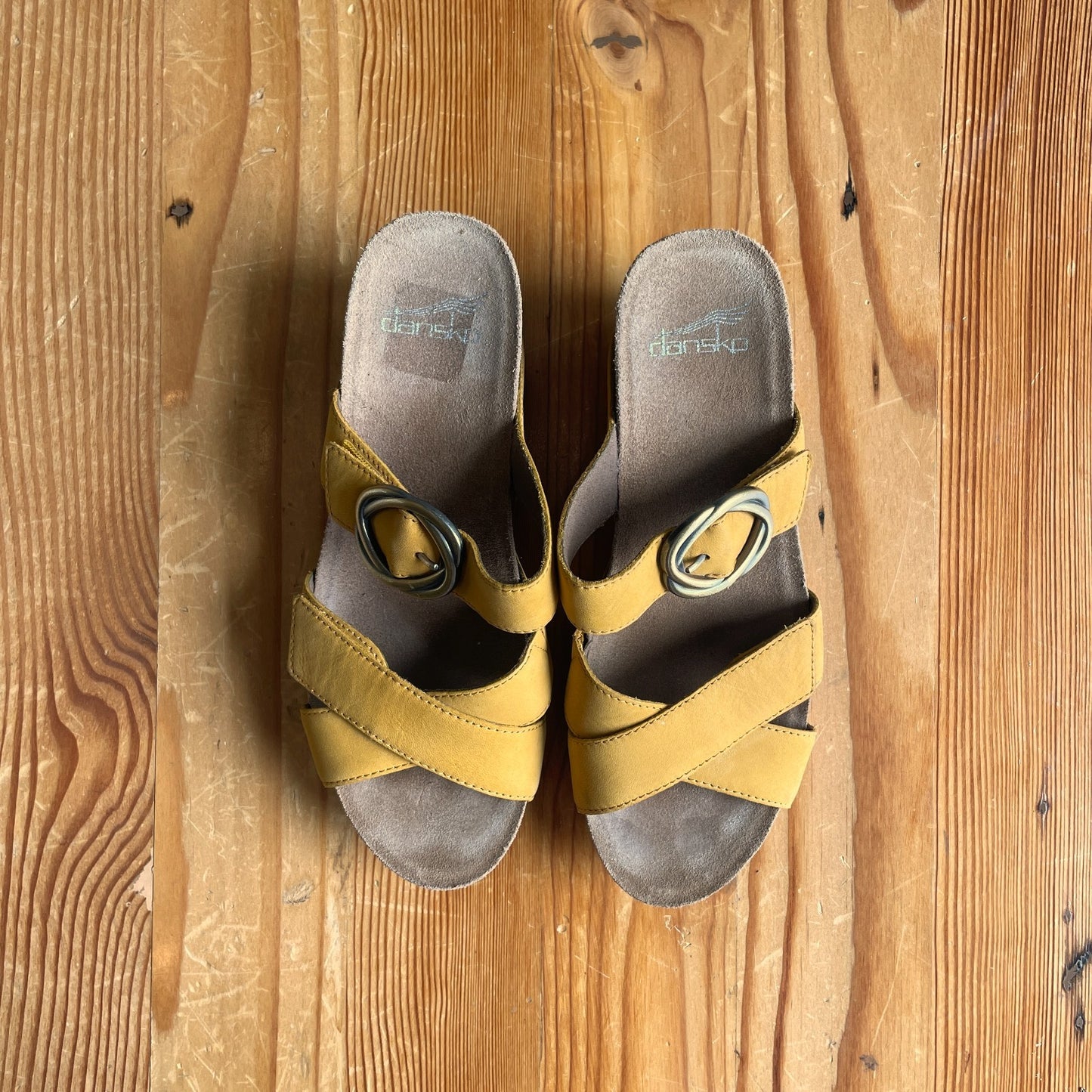 37 / 7 - Dansko Yellow Strappy Leather Cork Wedge Sandals w/ Buckle 0718ML