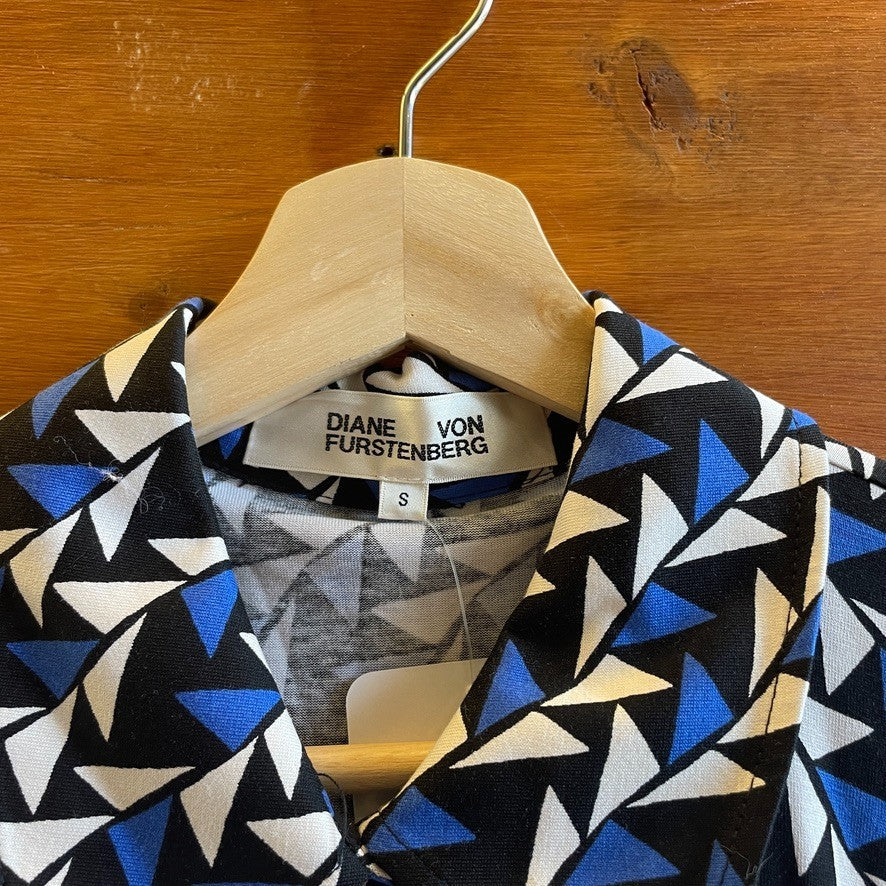 S - Diane von Furstenberg DVF Blue Black Geo Print Julian Silk Wrap Dress 0929JM