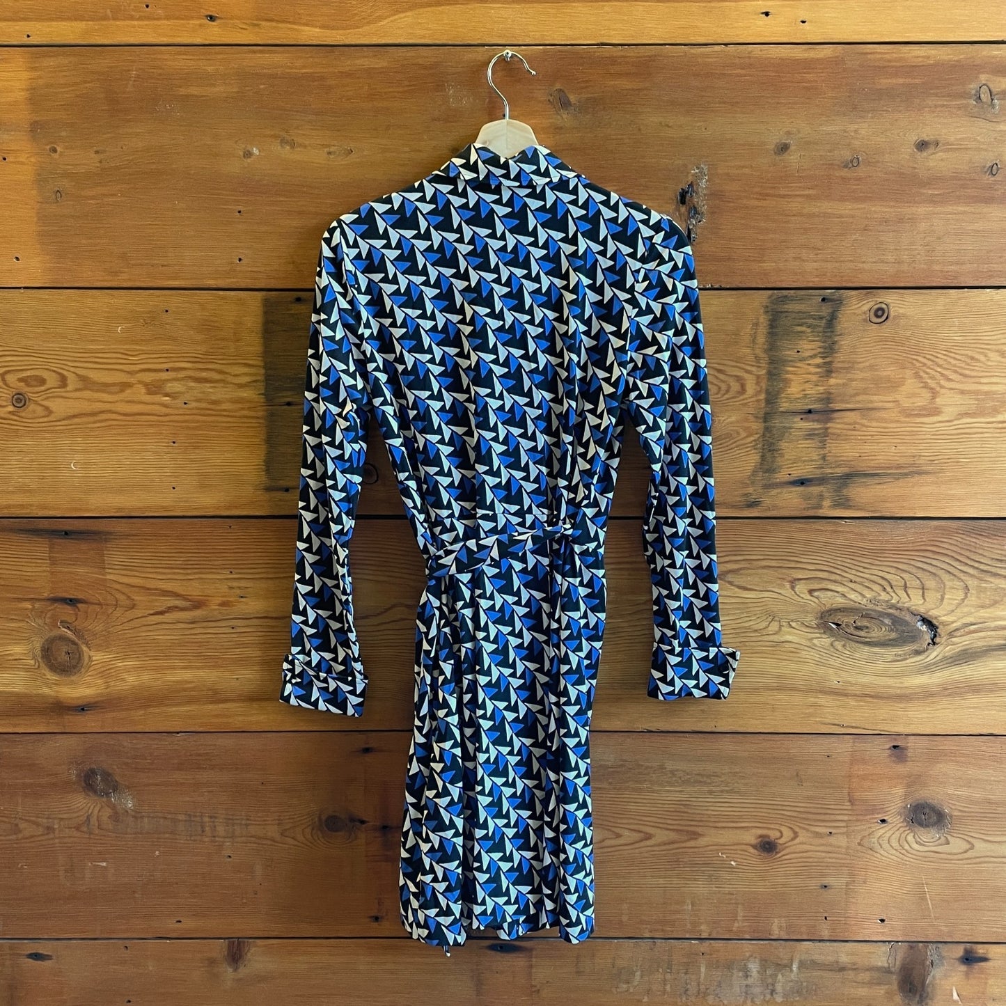 S - Diane von Furstenberg DVF Blue Black Geo Print Julian Silk Wrap Dress 0929JM
