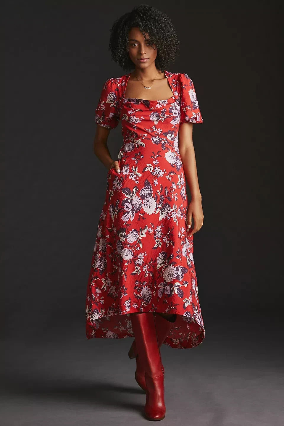 6 - Maeve Anthropologie Rust Red Floral Short Sleeve High Low Dress NEW 0626ME