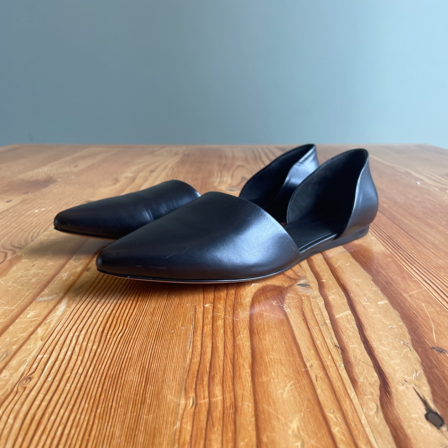 8.5 - Vince Black Leather Open Side Pointed Toe D'Orsay Nina Flats Shoes 0721DK