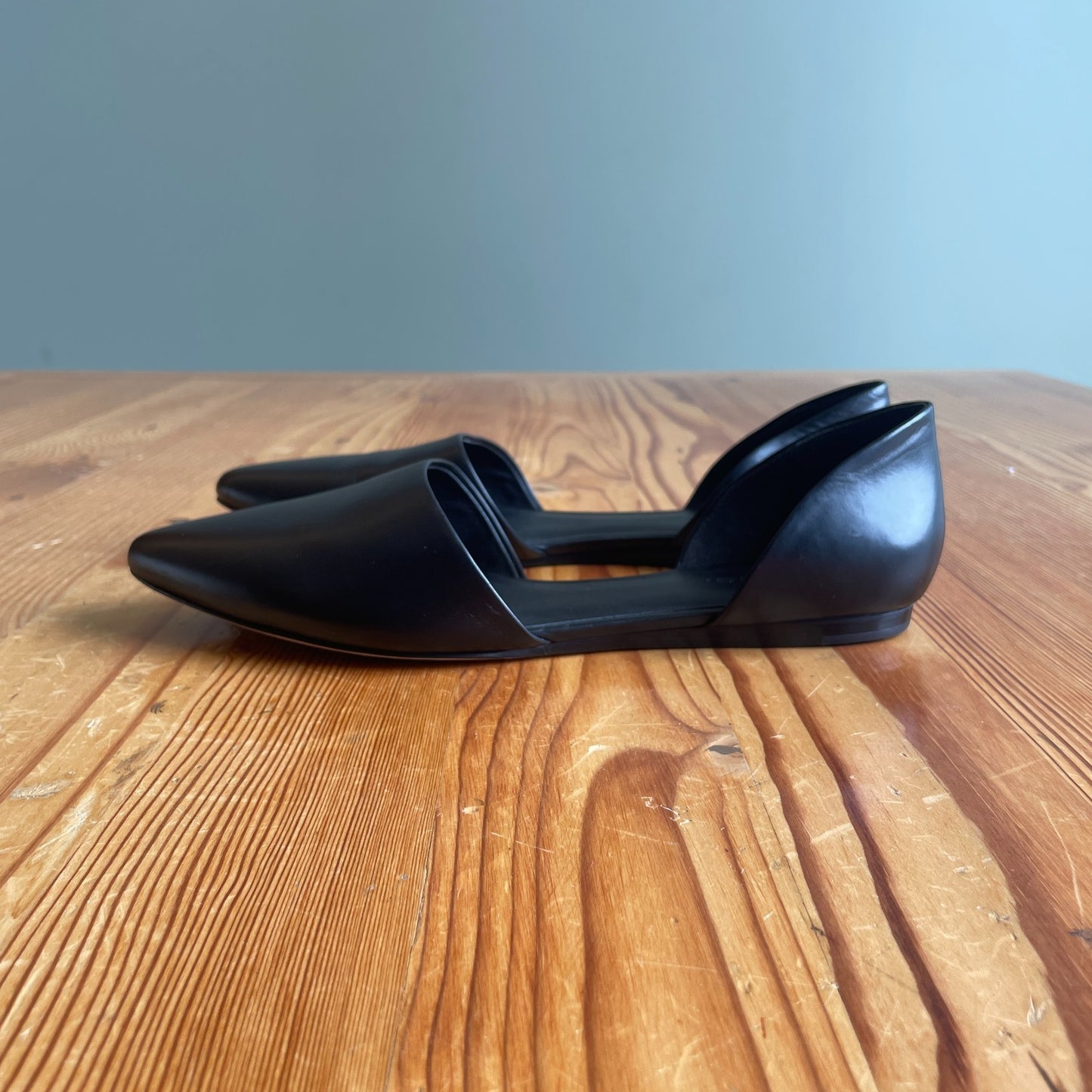 8.5 - Vince Black Leather Open Side Pointed Toe D'Orsay Nina Flats Shoes 0721DK