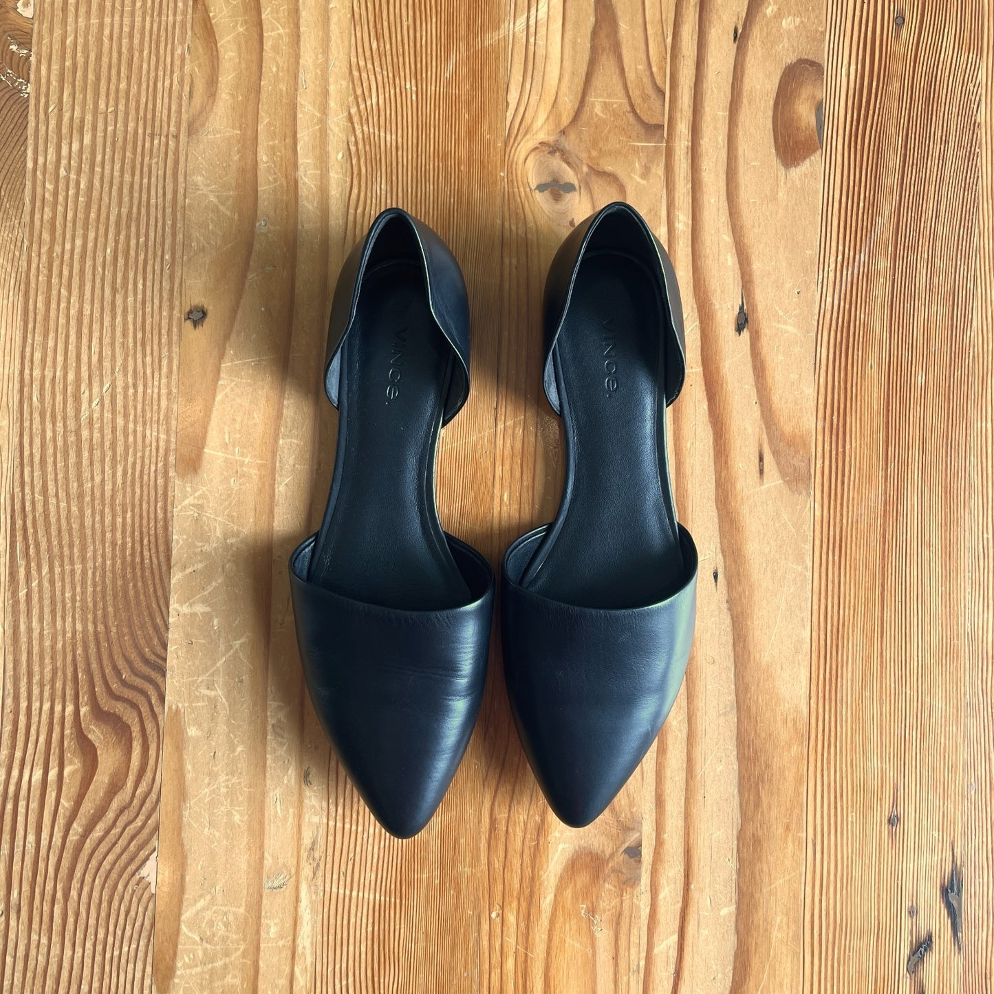 8.5 - Vince Black Leather Open Side Pointed Toe D'Orsay Nina Flats Shoes 0721DK
