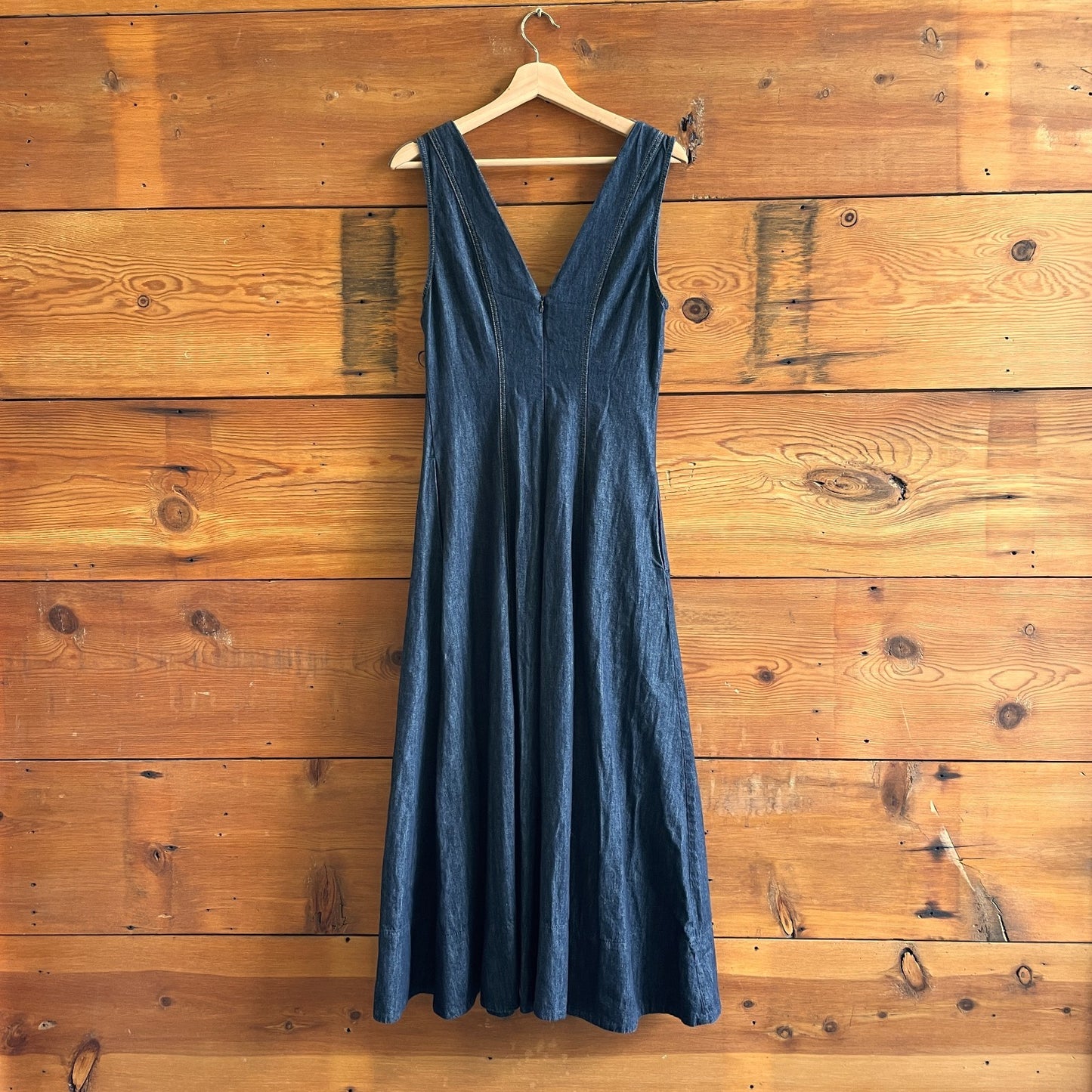 S - Massimo Dutti Dark Wash Denim NEW Sleeveless V-Neck Midi Dress 0430SM