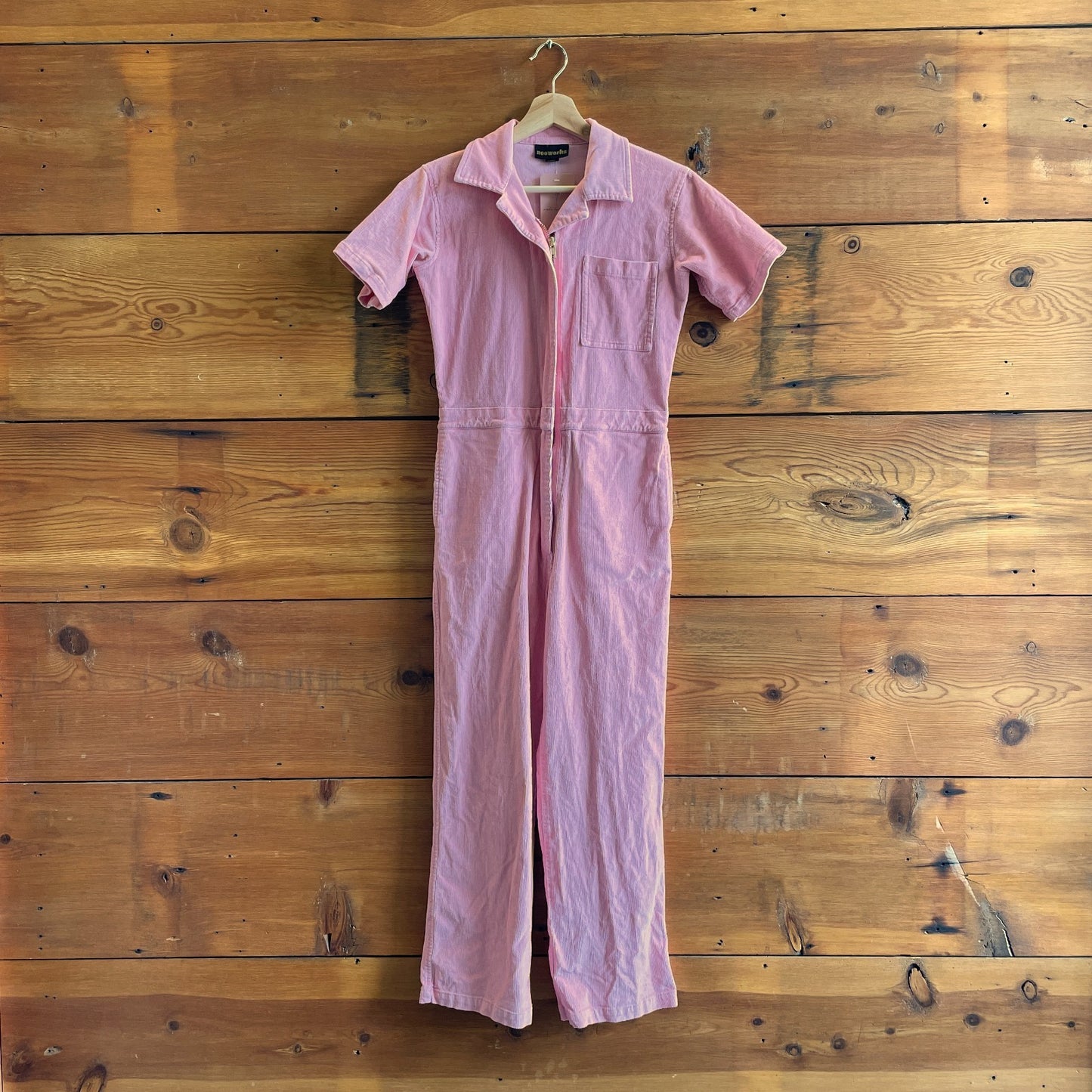 XS - Nooworks Pink Corduroy Short Sleeve Zip Front Jumpsuit Coveralls 0415AB
