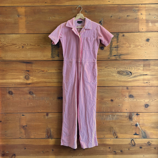 XS - Nooworks Pink Corduroy Short Sleeve Zip Front Jumpsuit Coveralls 0415AB