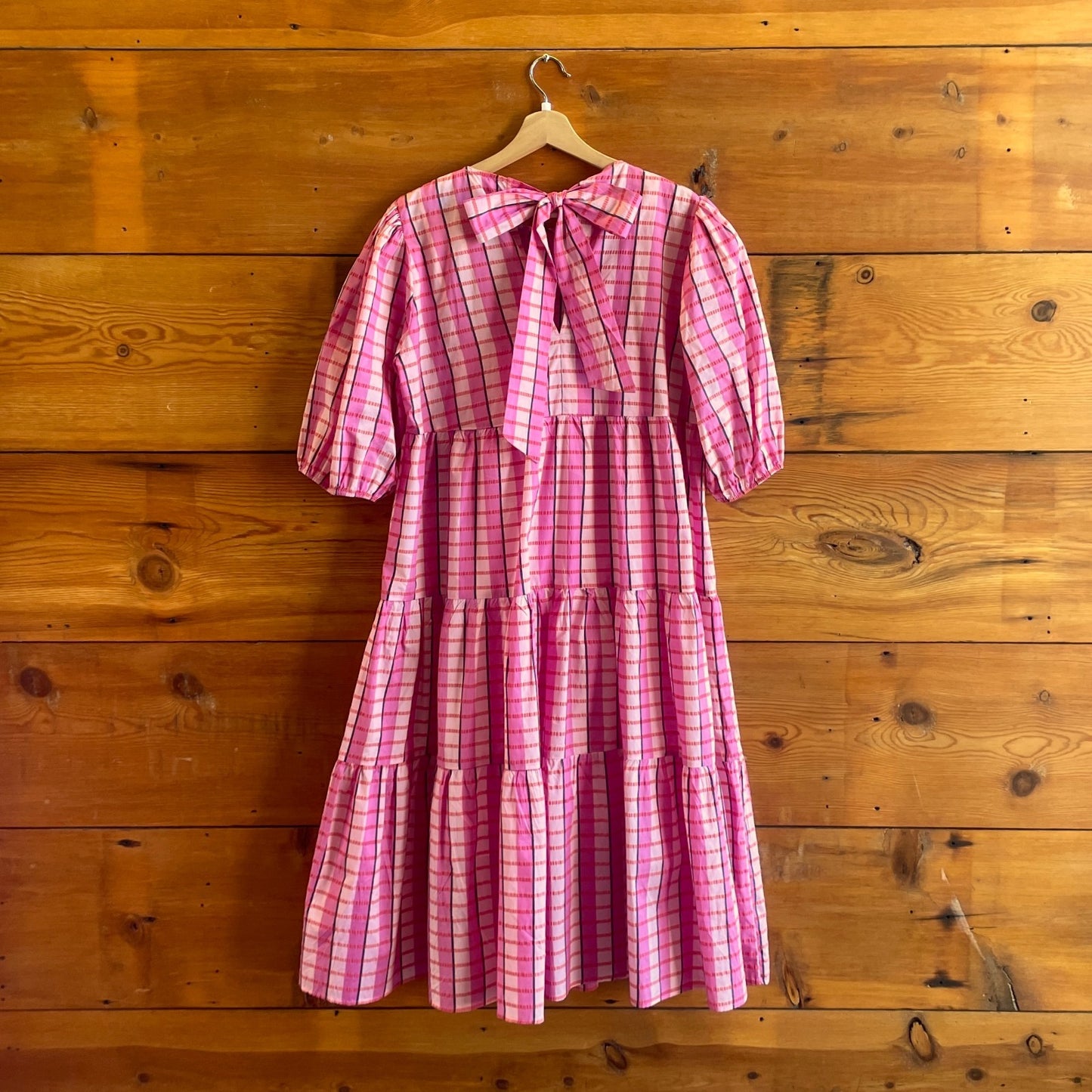 42 / XL - CRAS Pink Plaid Tiered Short Sleeve $99 Magdalena Dress w/ Slip 0801JZ