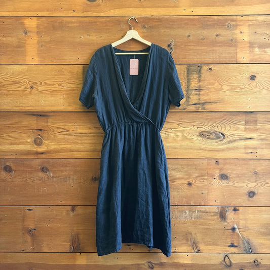 M - CP Shades Black 100% Linen Crossover V-Neck Short Sleeve Dress 0708RC