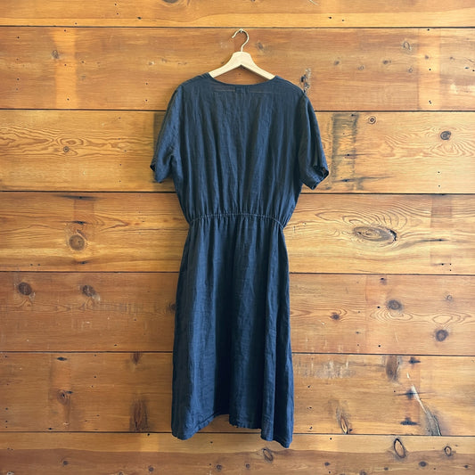 M - CP Shades Black 100% Linen Crossover V-Neck Short Sleeve Dress 0708RC