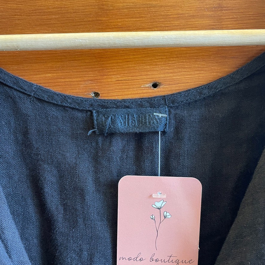 M - CP Shades Black 100% Linen Crossover V-Neck Short Sleeve Dress 0708RC