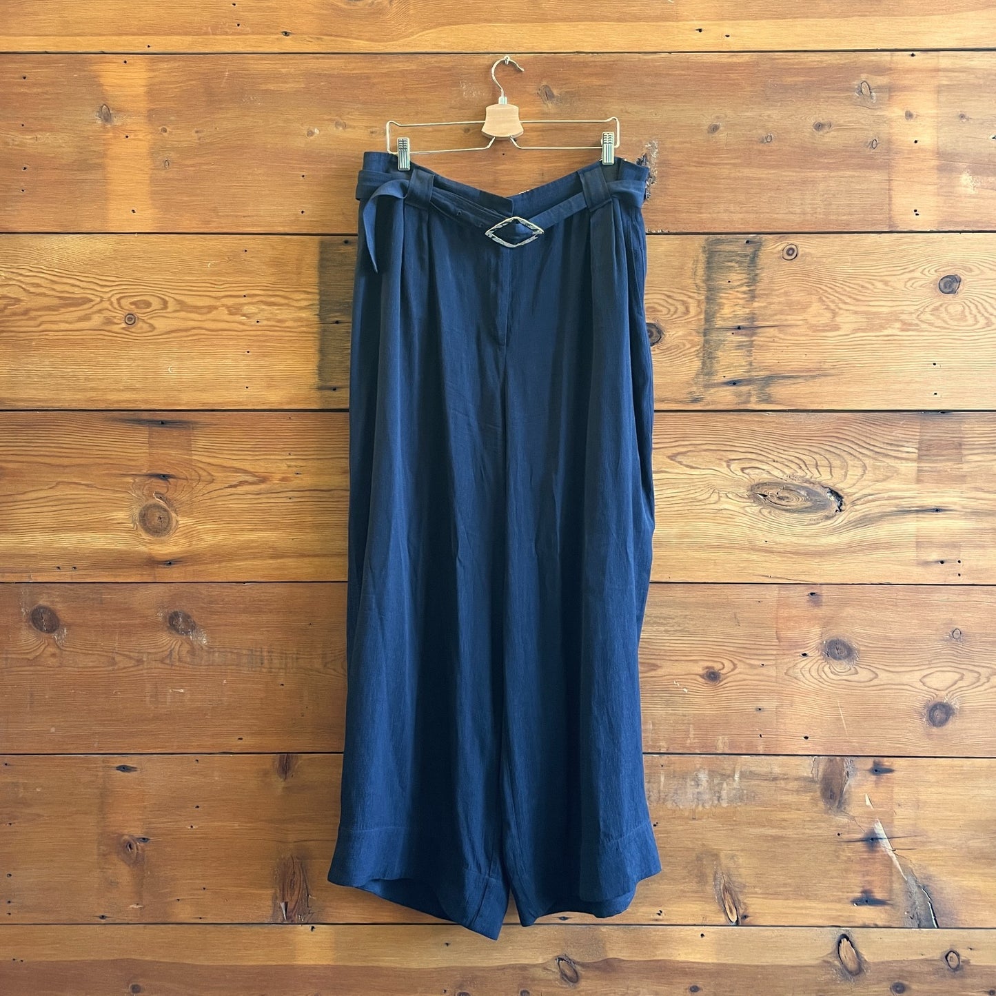 48 / 2XL - Ganni Navy Trouser Draped Flowy Wide Leg Belted Pants 0801JZ