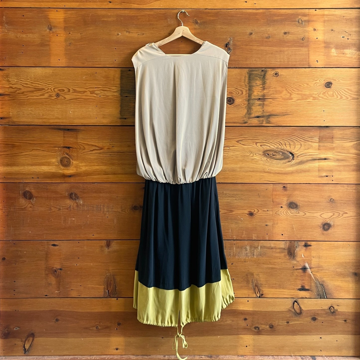 6 - Tibi Tan Black Green Color Block Sleeveless Dress w/ Removable Drape 0802KT