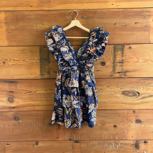 XXS - Anthropologie Navy Floral Print NEW $178 Tiered Ruffled Dress 0703SC