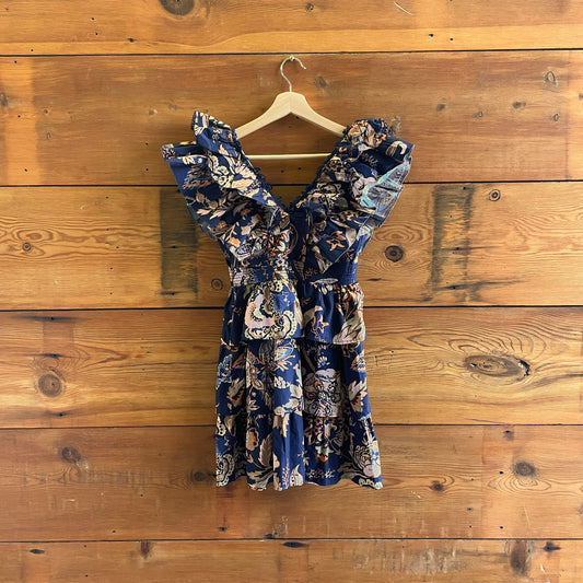 XXS - Anthropologie Navy Floral Print NEW $178 Tiered Ruffled Dress 0703SC