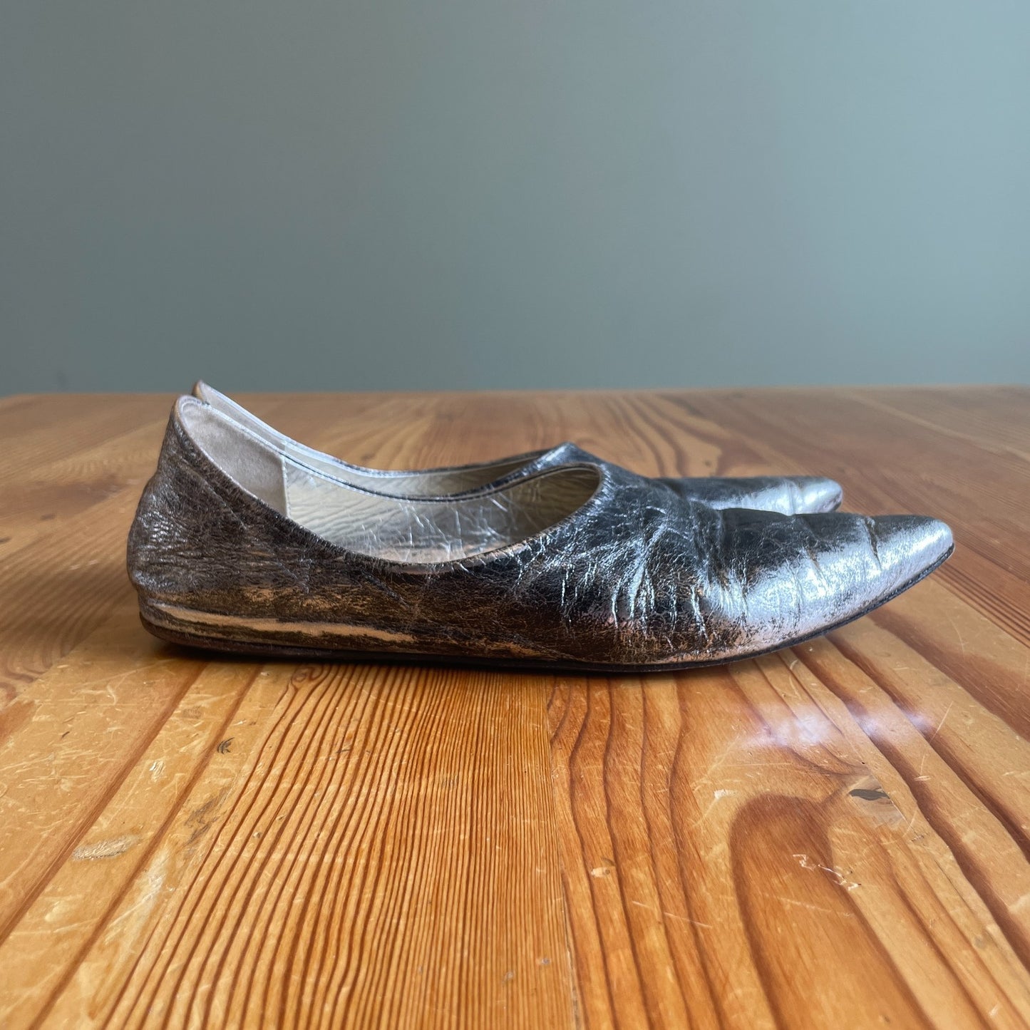 37.5 - Marsell Distressed Silver Leather Pointed Toe Ballet Flats Shoes 0320HJ