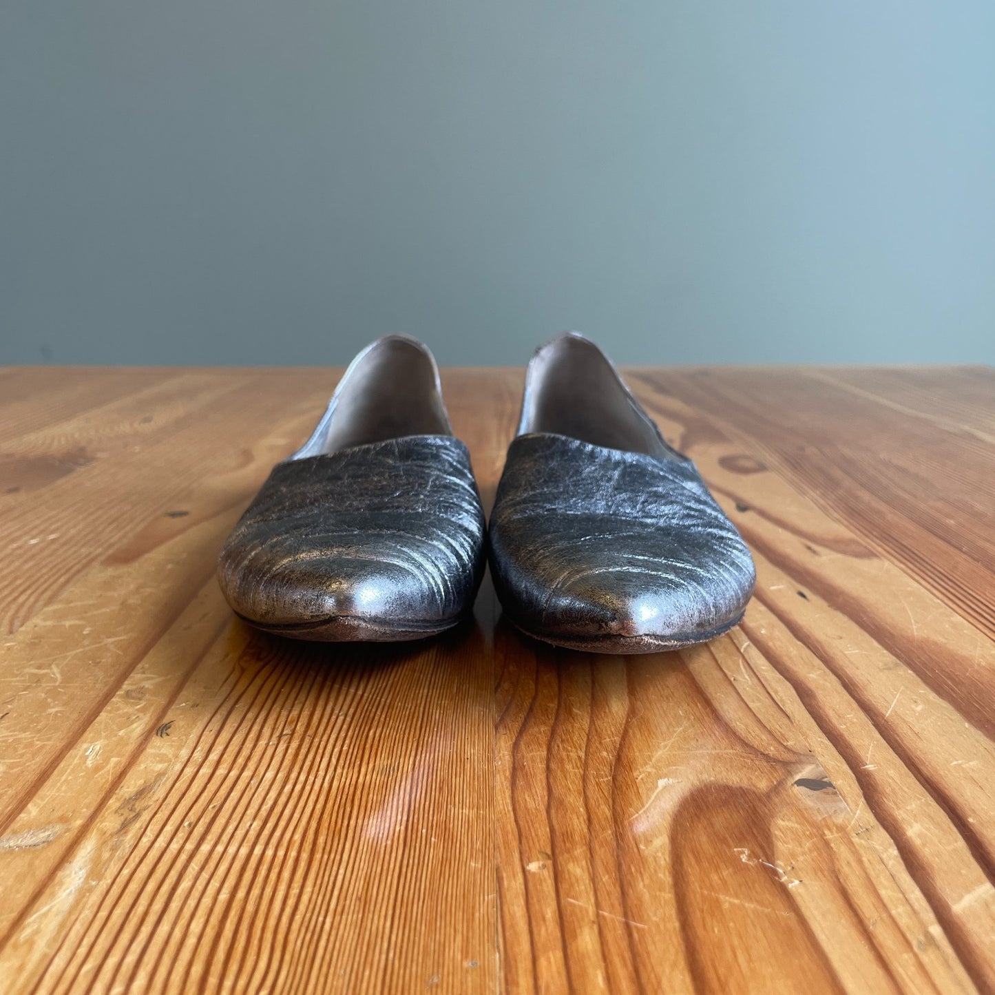 37.5 - Marsell Distressed Silver Leather Pointed Toe Ballet Flats Shoes 0320HJ