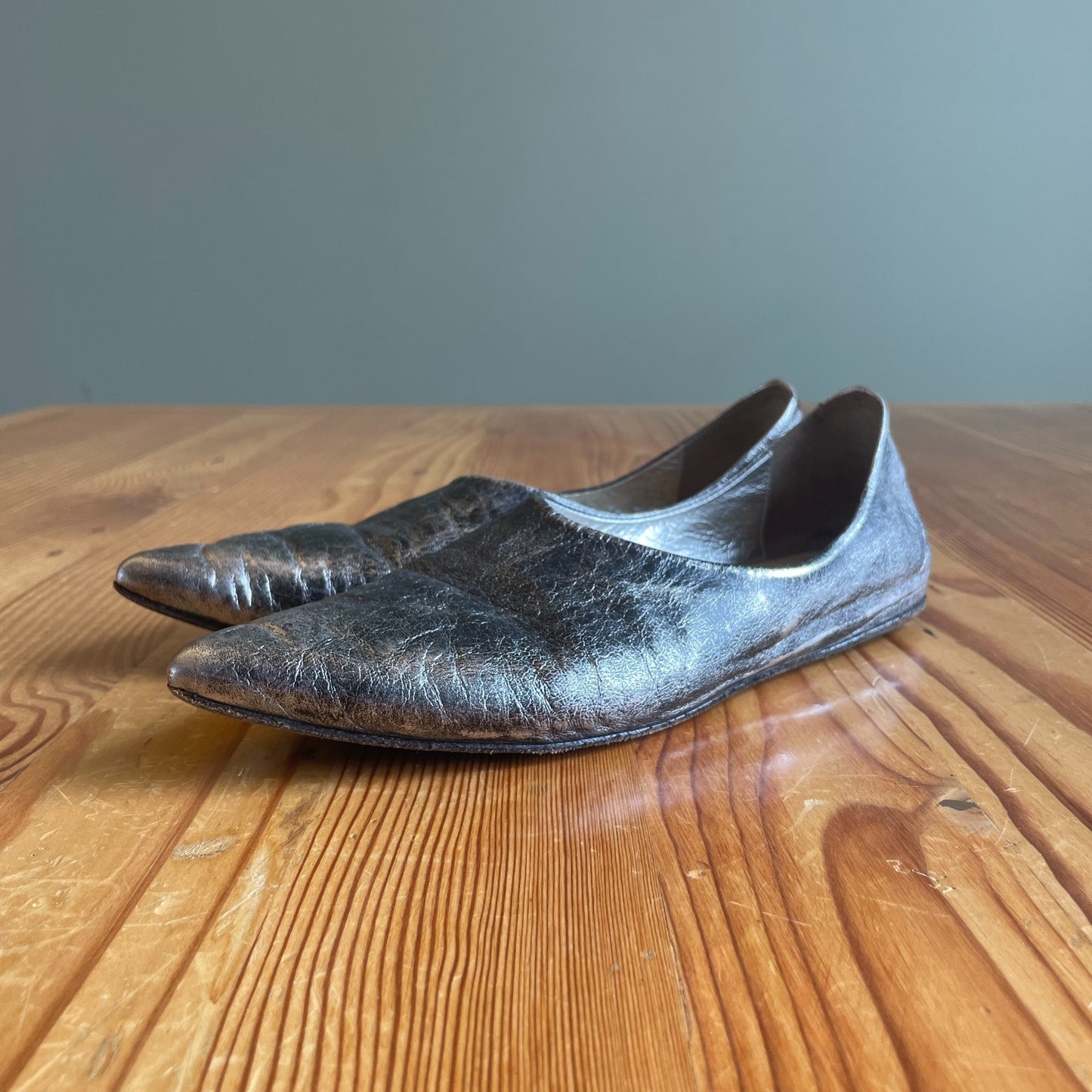 37.5 - Marsell Distressed Silver Leather Pointed Toe Ballet Flats Shoes 0320HJ