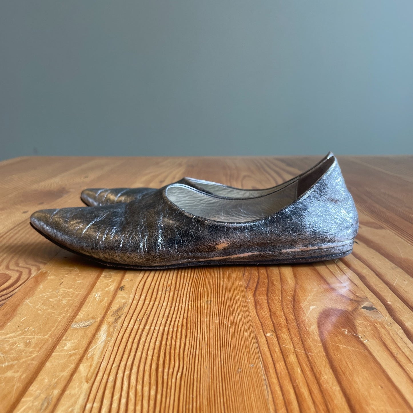 37.5 - Marsell Distressed Silver Leather Pointed Toe Ballet Flats Shoes 0320HJ