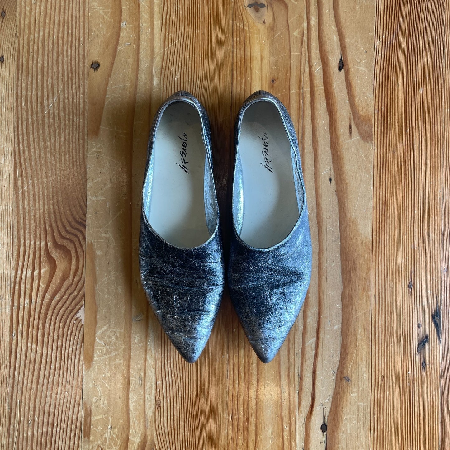 37.5 - Marsell Distressed Silver Leather Pointed Toe Ballet Flats Shoes 0320HJ