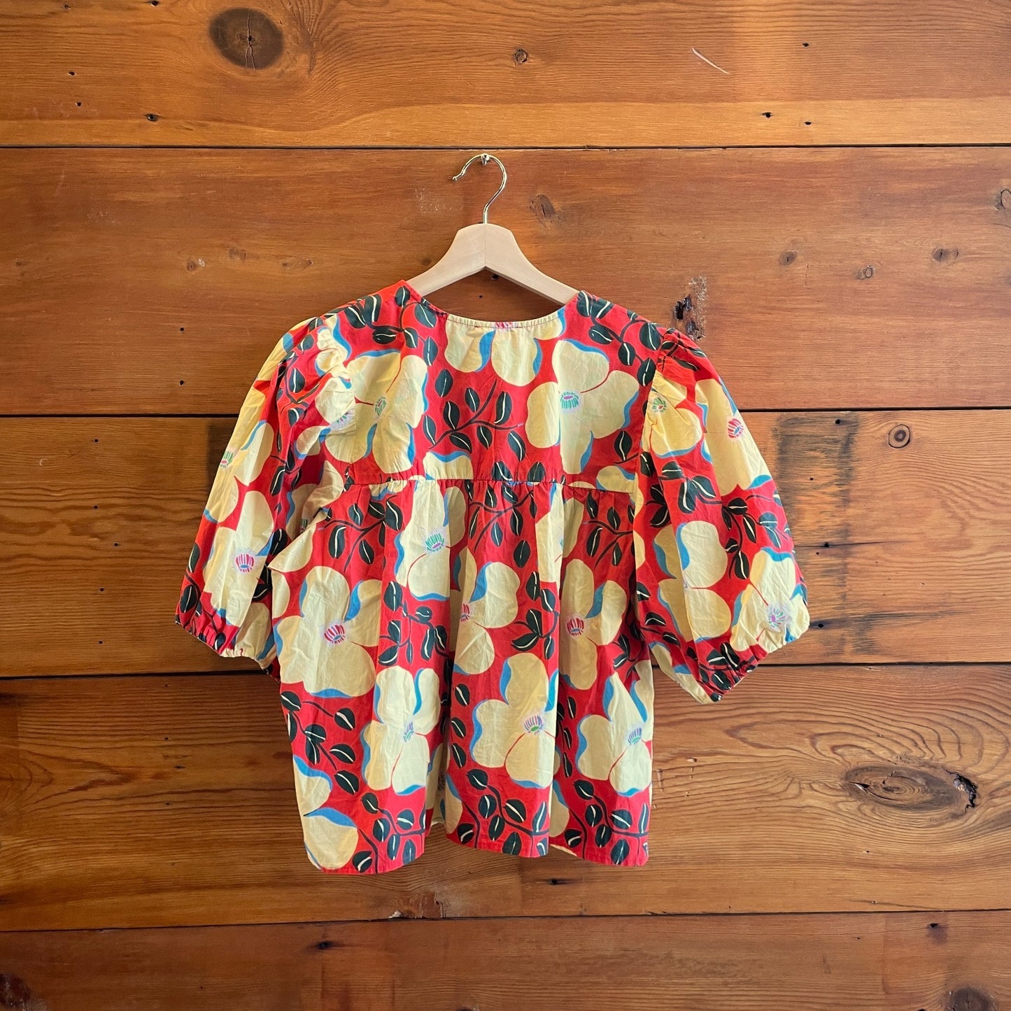 L - Rhode Red Yellow Javier Floral Print Short Puff Sleeve Blouse Top 0611AJ