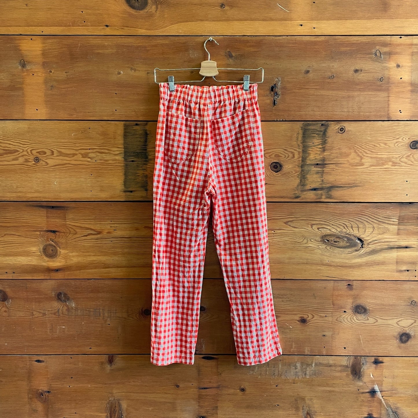 S - Lykke Wullf Red White Gingham Elastic Waist Straight Cotton Pants 0312IG