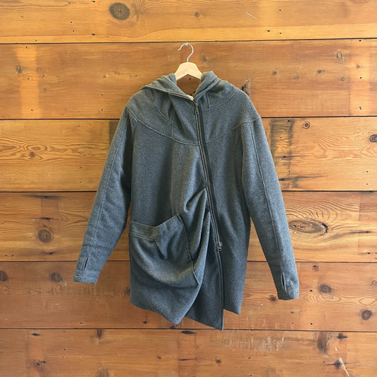 S - Aakasha  Gray Asymmetric Quilted Hooded Wool Cashmere Coat Jacket 0606RO