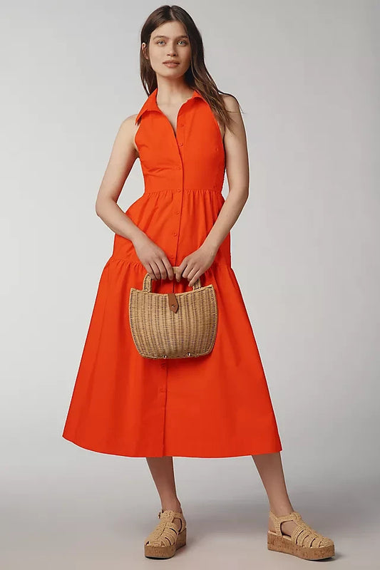 XL - Maeve Anthropologie $178 Poppy Red Sleeveless Button Up Dress NEW 0530JF