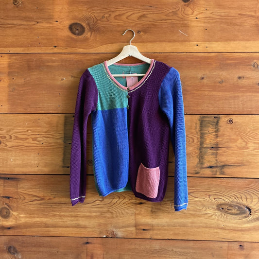 S - Gudrun Sjoden Teal Purple Colorblock Knit Open Front Cardigan Sweater 1215RJ