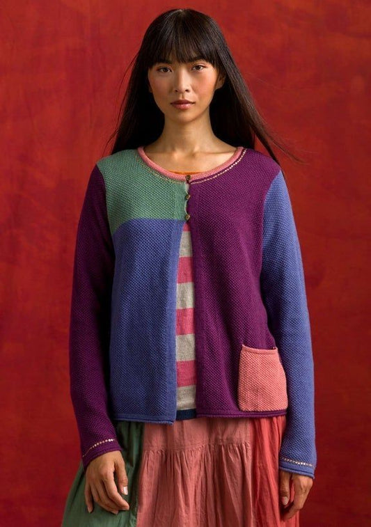 S - Gudrun Sjoden Teal Purple Colorblock Knit Open Front Cardigan Sweater 1215RJ
