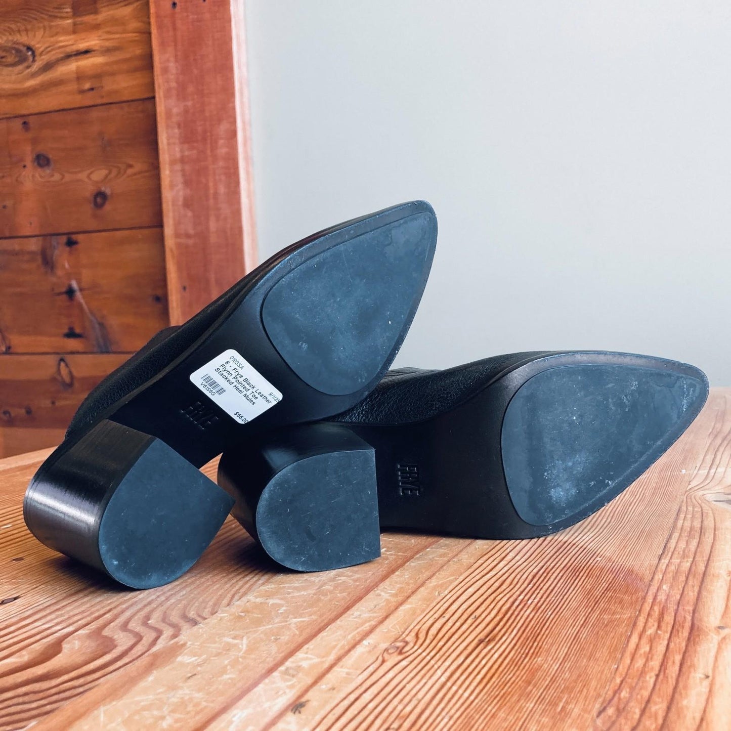 6 - Frye Black Leather Flynn Pointed Toe Stacked Heel Mules Shoes w/ Box 0103SA