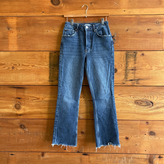 28 - Anine Bing Lara Raw Hem Crop Ankle Flare Mid Indigo Wash Jeans 0904NF