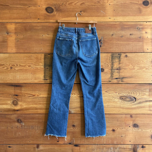 28 - Anine Bing Lara Raw Hem Crop Ankle Flare Mid Indigo Wash Jeans 0904NF