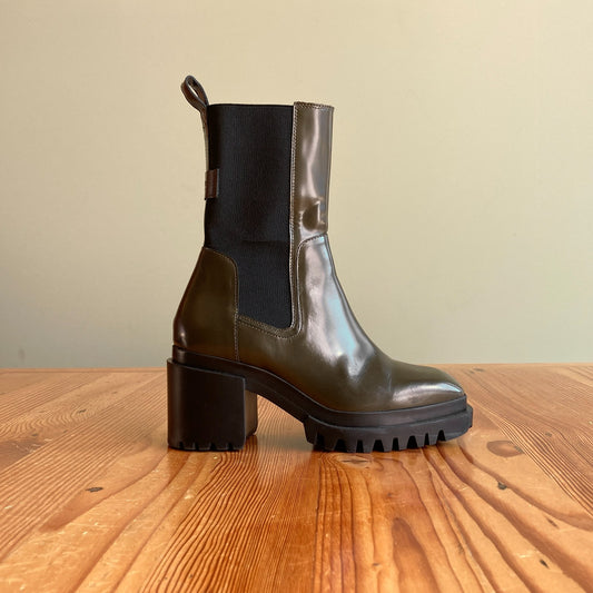 36 / 6 - AllSaints Olive Green Skarlet Square Toe Chelsea Chunky Boots 0103SA